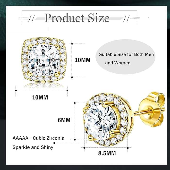 1-2 Pairs 925 Sterling Silver Mens Earrings Cubic Zirconia Halo Stud Earrings for Men 18K Gold Plated Heart/Round/Square Cut CZ Stud Earrings Set for Women Men - Image 2