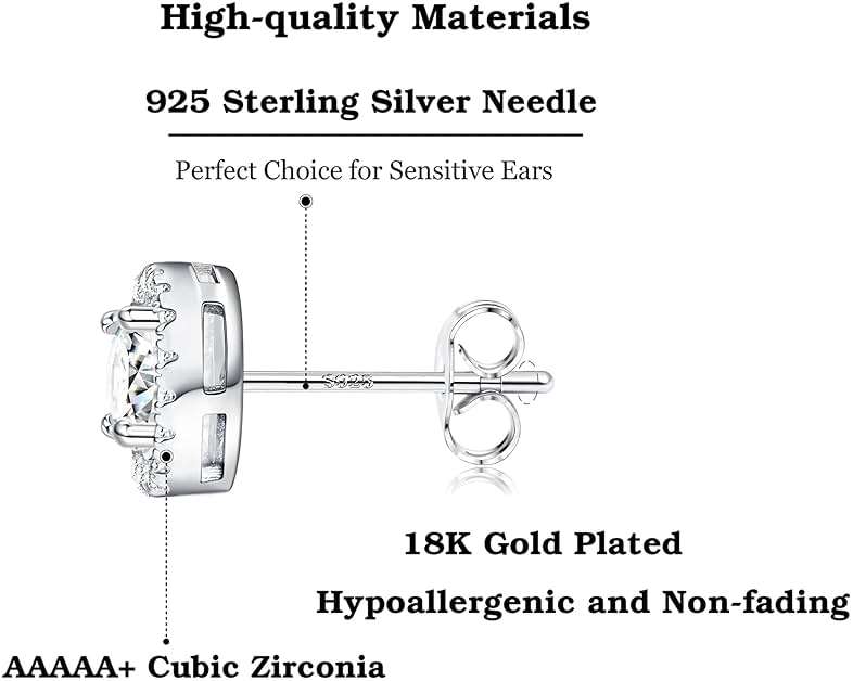 1-2 Pairs 925 Sterling Silver Mens Earrings Cubic Zirconia Halo Stud Earrings for Men 18K Gold Plated Heart/Round/Square Cut CZ Stud Earrings Set for Women Men - Image 3