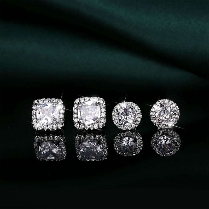 1-2 Pairs 925 Sterling Silver Mens Earrings Cubic Zirconia Halo Stud Earrings for Men 18K Gold Plated Heart/Round/Square Cut CZ Stud Earrings Set for Women Men - Image 5