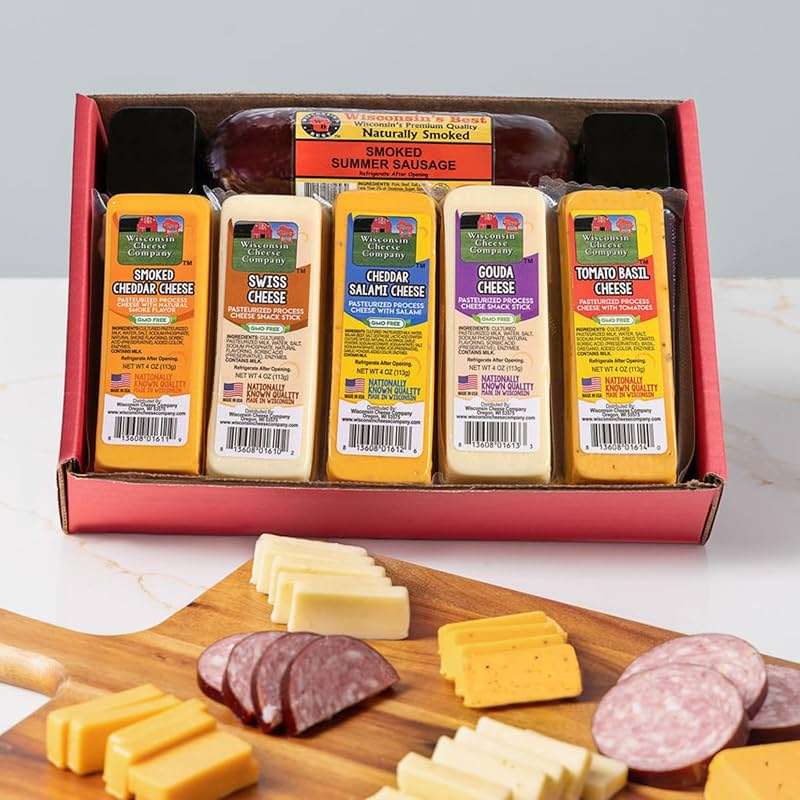 Wisconsin Cheese Company - Specialty Cheese & Summer Sausage Gift Box - 100% Wisconsin Gouda, Smoked Cheddar, Salami, Tomato Basil Cheddar, Swiss (Pack of 5 Blocks) | Perfect for Parties, Charcuterie Boards, and Holiday Gifts - Image 2