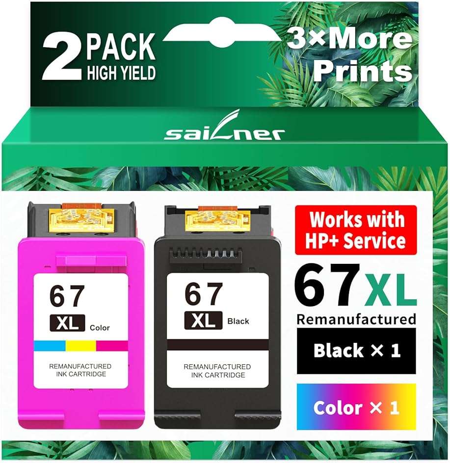 SAILNER 67XL Ink Cartridges Black/Color Combo Pack Replacement for HP Ink 67 HP67XL (2-Pack High Yield) Compatible with HP DeskJet 2755e 2855e 2700e 4155e 2734e 2827e 4100e Envy 6055 6455e Printer - Image 1
