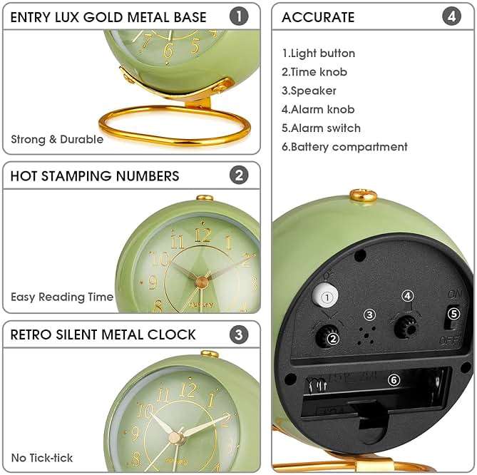 rjuwurv Metal Desk Clock, Retro Bedroom Table Vintage Analog Alarm Clock, Silent Non-Ticking Gold Clock, Bedside Décor(Olive-Green) - Image 3