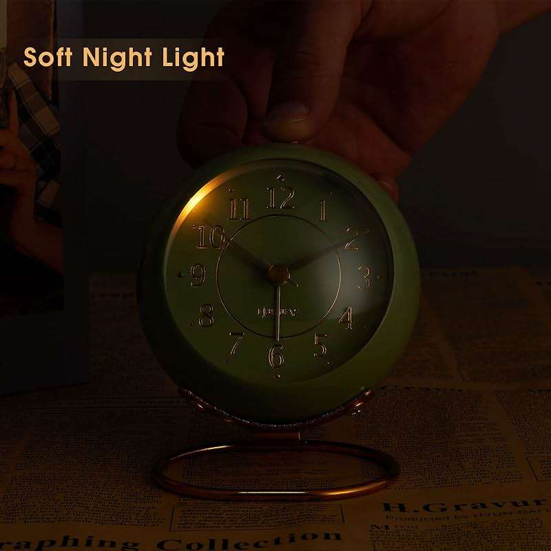 rjuwurv Metal Desk Clock, Retro Bedroom Table Vintage Analog Alarm Clock, Silent Non-Ticking Gold Clock, Bedside Décor(Olive-Green) - Image 5