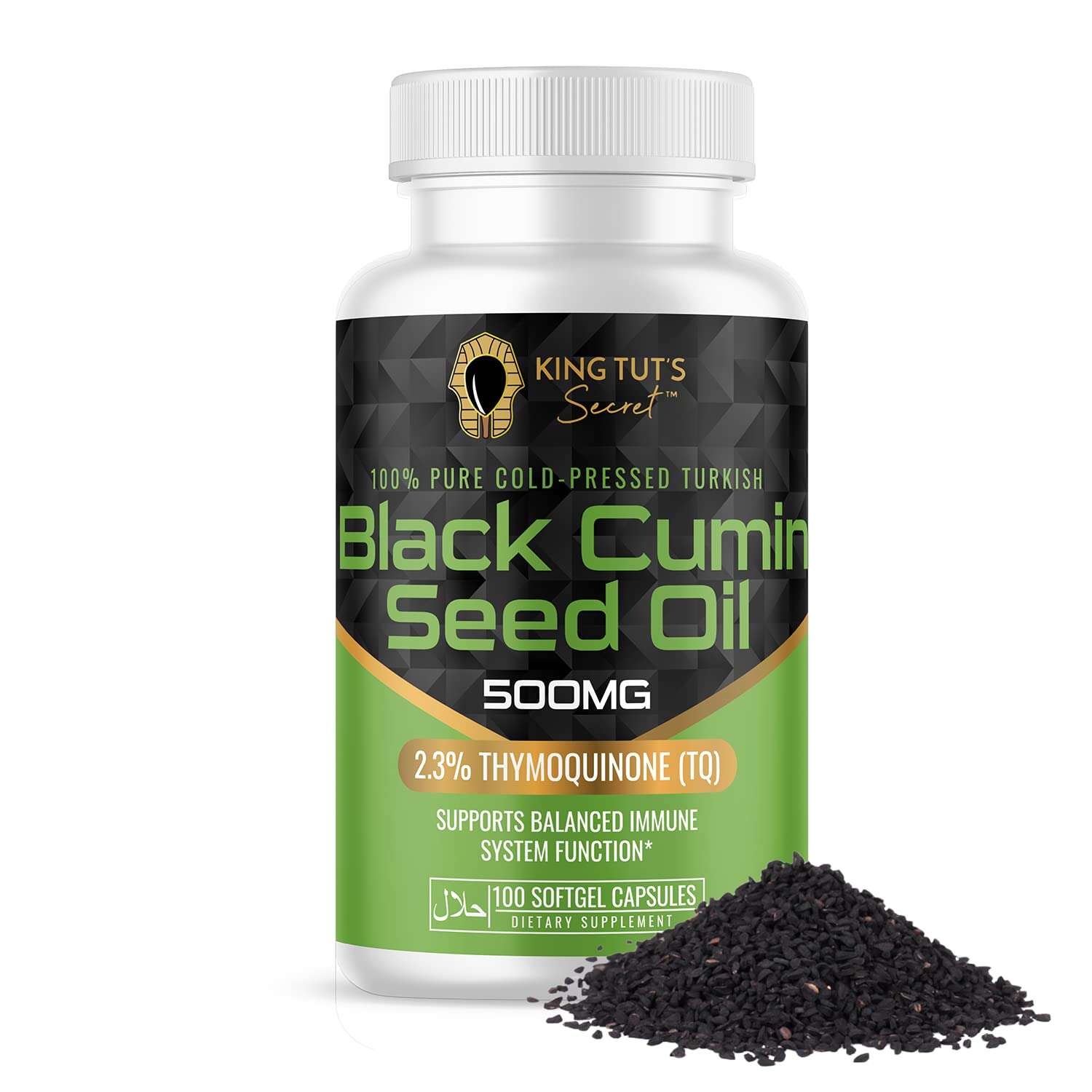 KING TUT'S SECRET Black Seed Capsules - 500 mg 100 Softgels - Nigella Sativa Extract, Black Cumin Supplement for Hair, Antioxidant Support, Immune System - Halal Black Seed Cumin Oil Capsules - Image 1