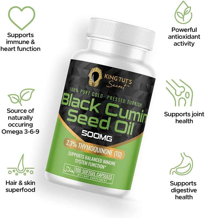 KING TUT'S SECRET Black Seed Capsules - 500 mg 100 Softgels - Nigella Sativa Extract, Black Cumin Supplement for Hair, Antioxidant Support, Immune System - Halal Black Seed Cumin Oil Capsules - Image 3