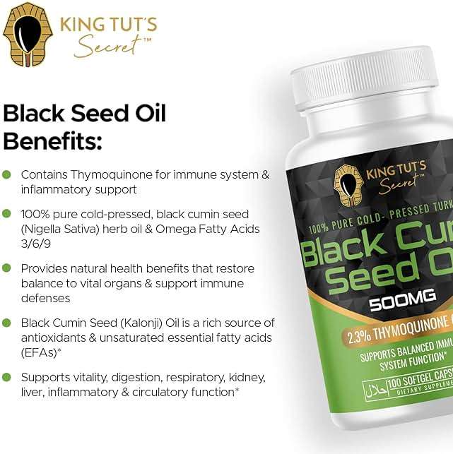 KING TUT'S SECRET Black Seed Capsules - 500 mg 100 Softgels - Nigella Sativa Extract, Black Cumin Supplement for Hair, Antioxidant Support, Immune System - Halal Black Seed Cumin Oil Capsules - Image 6