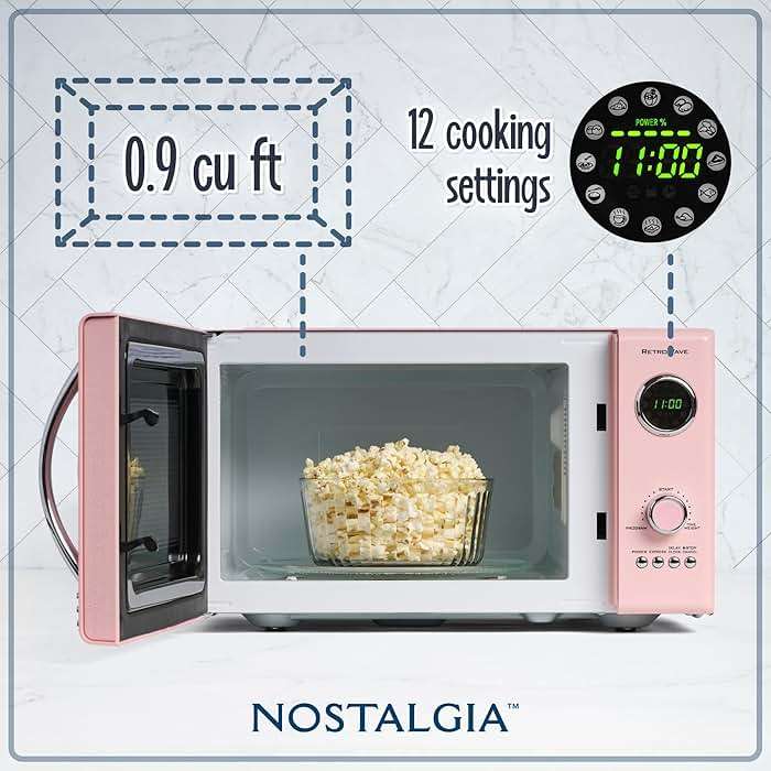 Nostalgia Countertop Microwave Oven with Easy Clean Interior - Retro Microwave with LED Display & Child Lock- Compact 0.9 Cu. Ft. Oven With 12 Pre-Programmed Settings for Quick Cooking- 800-Watts-Pink - Image 4