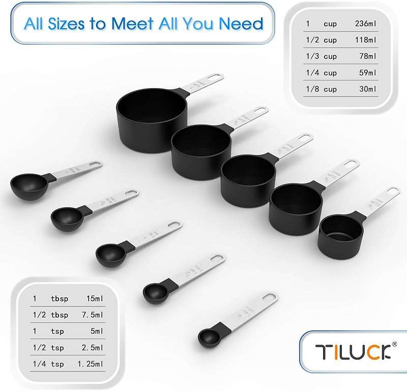 TILUCK Measuring Cups & Spoons Set, Stackable Cups and Spoons, Nesting Measure Cups with Stainless Steel Handle, Kitchen Gadgets for Cooking & Baking (Black) - Image 4
