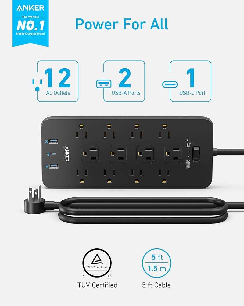 Anker Power Strip with 2100J Surge Protector, Outlet Extender, 5ft Extension Cord with Multiple Outlets, 12 AC, 2 USB A,1 USB C Port for 20W, Home Office, Dorm Room Essentials, TUV Listed - Image 2