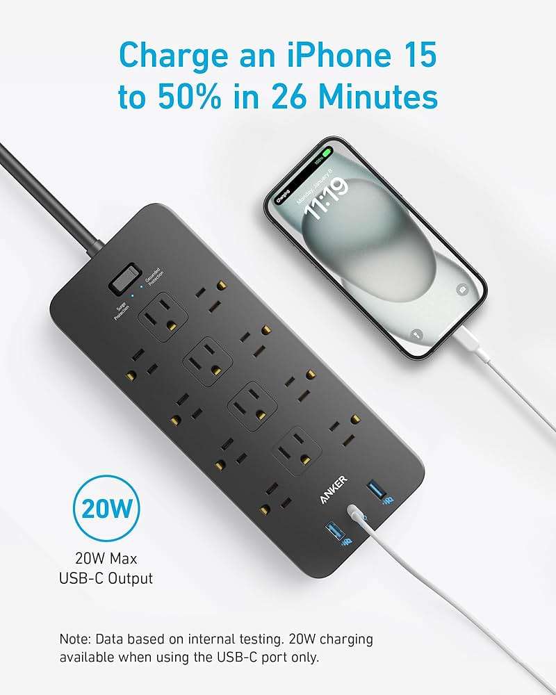 Anker Power Strip with 2100J Surge Protector, Outlet Extender, 5ft Extension Cord with Multiple Outlets, 12 AC, 2 USB A,1 USB C Port for 20W, Home Office, Dorm Room Essentials, TUV Listed - Image 7