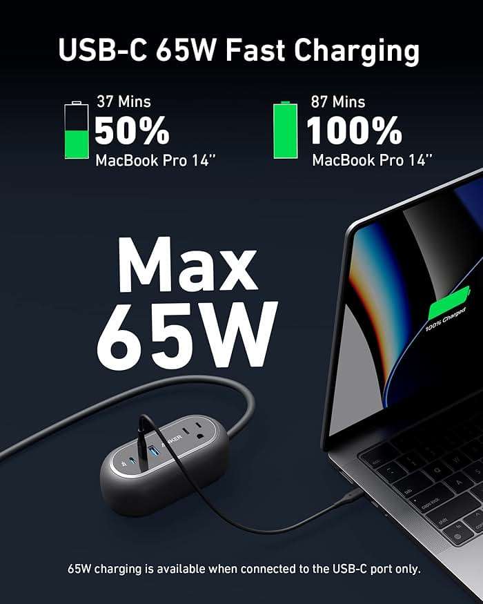 Anker GaNPrime 65W Charging Station, 3ft, 615 USB-C 5-in-1 Power Strip for Travel and Work with 2AC, 2 USB-C, 1 USB-A, Power Delivery for iPhone 16/16 Plus/16 Pro/16 Pro Max, and More - Image 3
