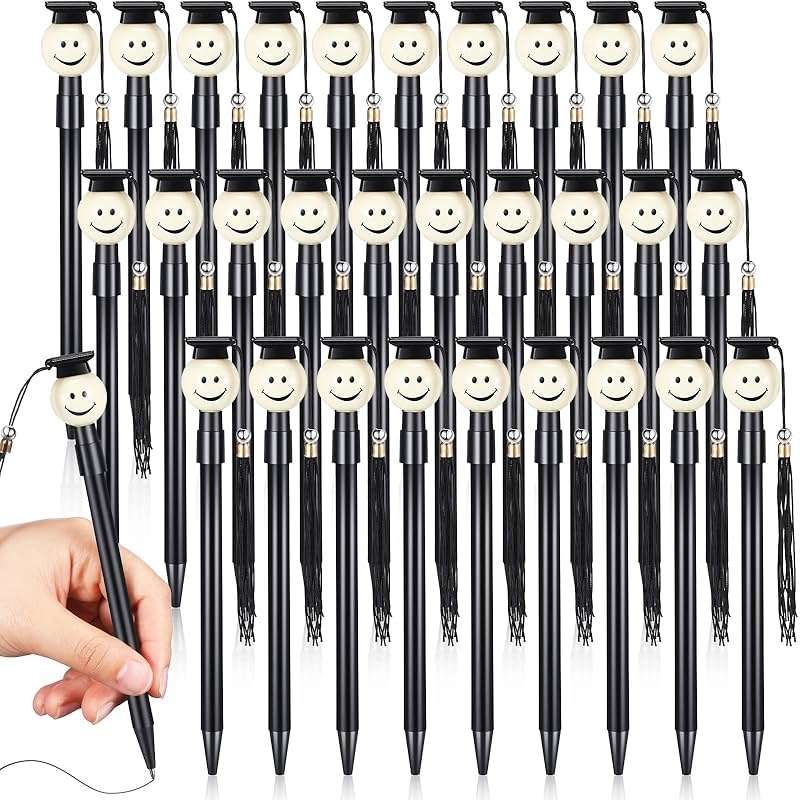 Pajean 30 Pieces 2026 Graduation Cap Ballpoint Pen with Tassels Happy Face Round Shaped Rollerball Pen 0.7 mm Black Gel Ink Lovely Present for Graduation Party Favors Gift Office Home Supplies(Black) - Image 1