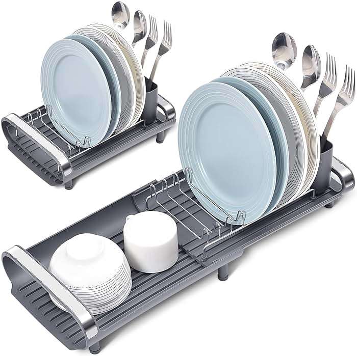 TOOLF Small Dish Drying Rack, Mini Expandable Compact Dish Rack, Slim Extendable Stainless Steel Dish Drainer for Kitchen Plate Storage, Space Saving Dish Strainer in Sink or on Home Countertop, Gray - Image 1