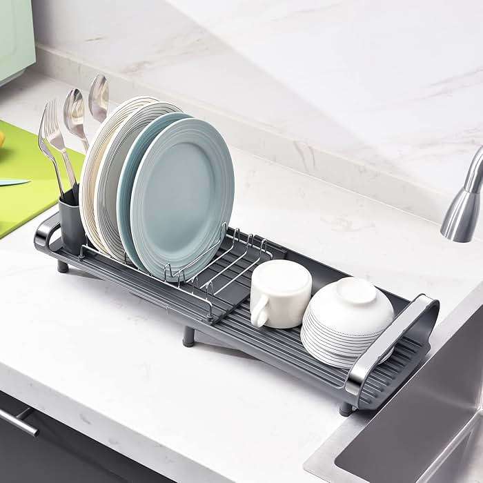 TOOLF Small Dish Drying Rack, Mini Expandable Compact Dish Rack, Slim Extendable Stainless Steel Dish Drainer for Kitchen Plate Storage, Space Saving Dish Strainer in Sink or on Home Countertop, Gray - Image 2