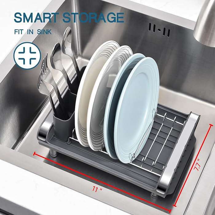 TOOLF Small Dish Drying Rack, Mini Expandable Compact Dish Rack, Slim Extendable Stainless Steel Dish Drainer for Kitchen Plate Storage, Space Saving Dish Strainer in Sink or on Home Countertop, Gray - Image 3