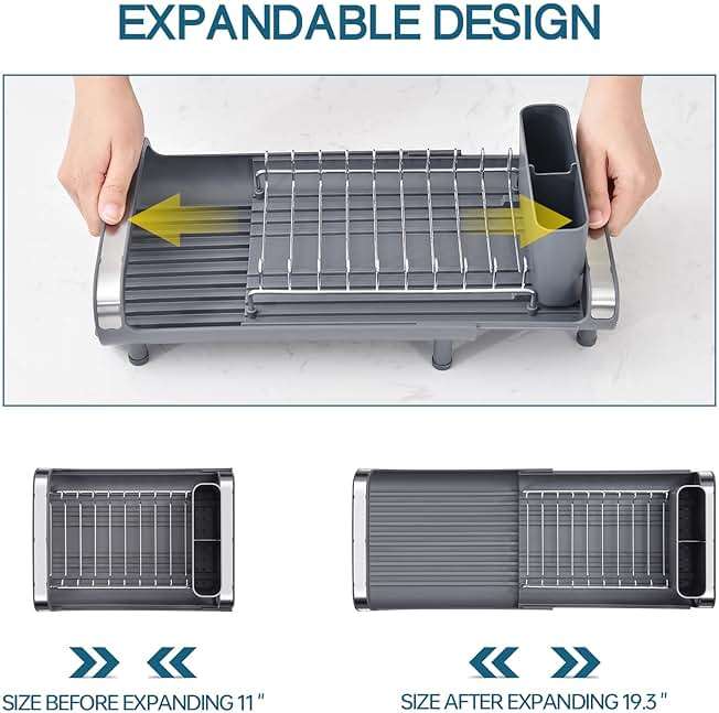 TOOLF Small Dish Drying Rack, Mini Expandable Compact Dish Rack, Slim Extendable Stainless Steel Dish Drainer for Kitchen Plate Storage, Space Saving Dish Strainer in Sink or on Home Countertop, Gray - Image 4