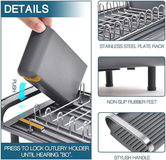 TOOLF Small Dish Drying Rack, Mini Expandable Compact Dish Rack, Slim Extendable Stainless Steel Dish Drainer for Kitchen Plate Storage, Space Saving Dish Strainer in Sink or on Home Countertop, Gray - Image 6