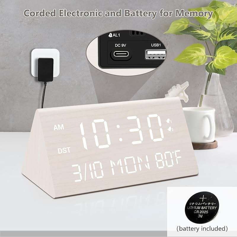Kogonee Wooden Digital Alarm Clock, 0-100% Dimmer, 2 Alarm Settings, Weekday/Everyday Mode, 9 Mins Snooze, 12/24H, Temperature and Date Display for Office, Travel, Bedroom Alarm Clock (White) - Image 2