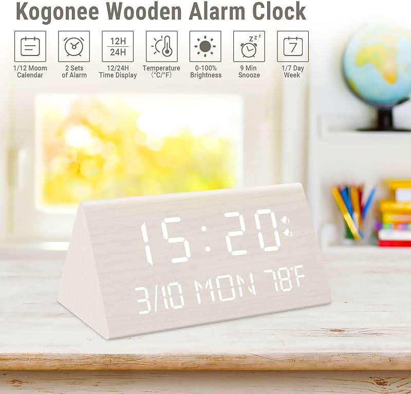 Kogonee Wooden Digital Alarm Clock, 0-100% Dimmer, 2 Alarm Settings, Weekday/Everyday Mode, 9 Mins Snooze, 12/24H, Temperature and Date Display for Office, Travel, Bedroom Alarm Clock (White) - Image 7