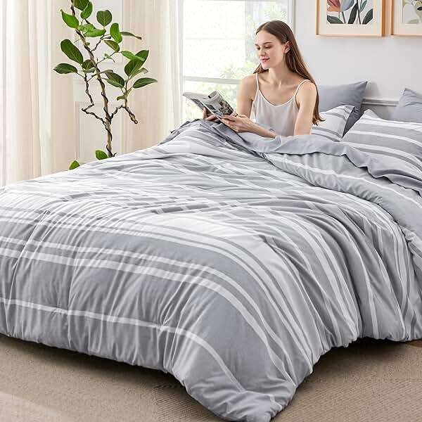 Bedsure Queen Comforter Set 7 Pieces, Grey Striped Bedding Set for All Seasons, Reversible, Cationic Dyeing Bed in a Bag with Comforter, Sheets, Pillowcases & Shams - Image 1