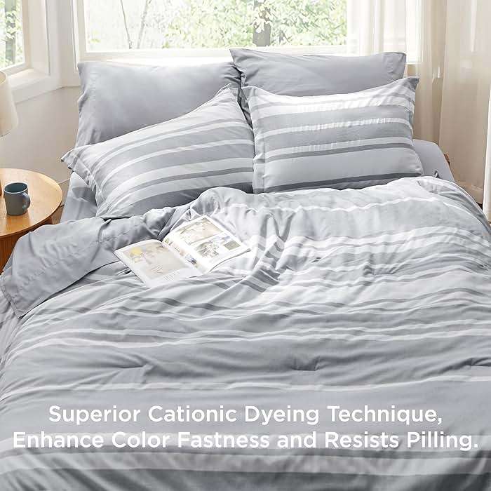 Bedsure Queen Comforter Set 7 Pieces, Grey Striped Bedding Set for All Seasons, Reversible, Cationic Dyeing Bed in a Bag with Comforter, Sheets, Pillowcases & Shams - Image 2