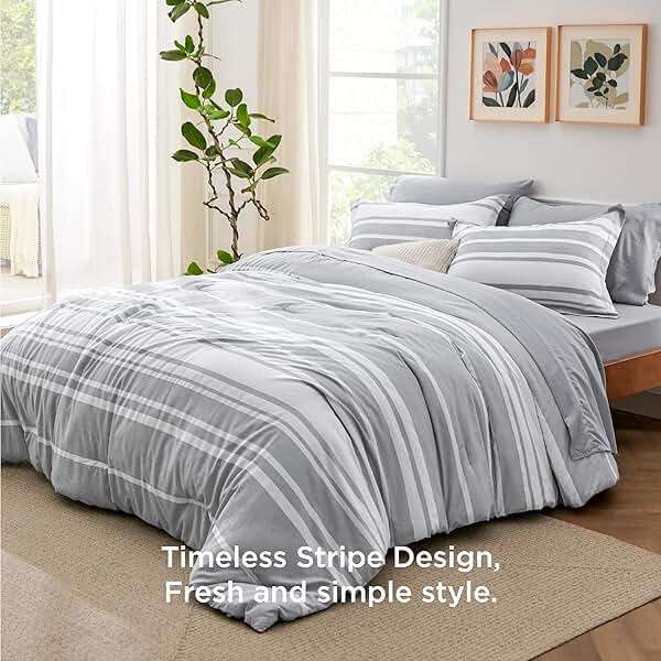Bedsure Queen Comforter Set 7 Pieces, Grey Striped Bedding Set for All Seasons, Reversible, Cationic Dyeing Bed in a Bag with Comforter, Sheets, Pillowcases & Shams - Image 3