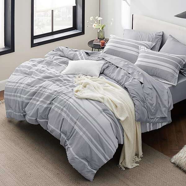 Bedsure Queen Comforter Set 7 Pieces, Grey Striped Bedding Set for All Seasons, Reversible, Cationic Dyeing Bed in a Bag with Comforter, Sheets, Pillowcases & Shams - Image 5