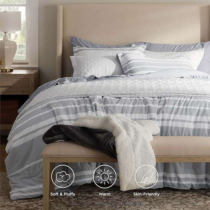 Bedsure Queen Comforter Set 7 Pieces, Grey Striped Bedding Set for All Seasons, Reversible, Cationic Dyeing Bed in a Bag with Comforter, Sheets, Pillowcases & Shams - Image 6