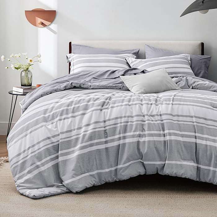 Bedsure Queen Comforter Set 7 Pieces, Grey Striped Bedding Set for All Seasons, Reversible, Cationic Dyeing Bed in a Bag with Comforter, Sheets, Pillowcases & Shams - Image 8