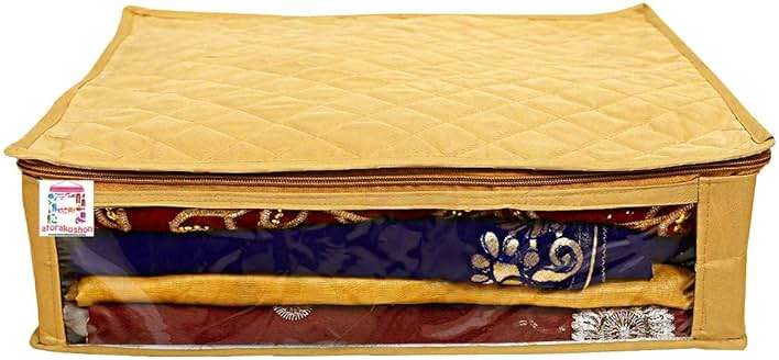 atorakushon Fabric Satin Foldable Saree Covers Garments Clothes Storage Bag Wardrobe Organizers With Double Zip Lock & Transparent Window 4 Pieces Gold - Image 2