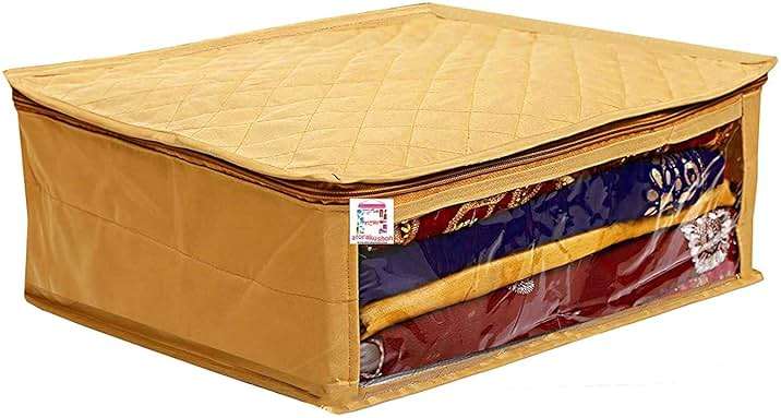 atorakushon Fabric Satin Foldable Saree Covers Garments Clothes Storage Bag Wardrobe Organizers With Double Zip Lock & Transparent Window 4 Pieces Gold - Image 3