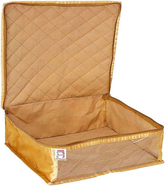 atorakushon Fabric Satin Foldable Saree Covers Garments Clothes Storage Bag Wardrobe Organizers With Double Zip Lock & Transparent Window 4 Pieces Gold - Image 4
