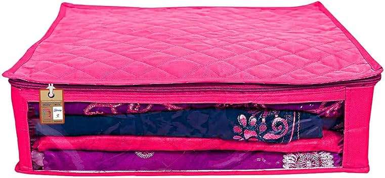 atorakushon Set of 5 Fabric Satin Saree and Blouse Covers Garments Clothes Storage Bag Wardrobe Organizers With Double Zip Lock & Transparent Window (Pink) - Image 2