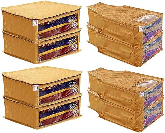 atorakushon Fabric Satin Saree and Blouse Covers Garments Clothes Storage Bag Wardrobe Organizers With Double Zip Lock & Transparent Window Set of 8 (Gold) - Image 1