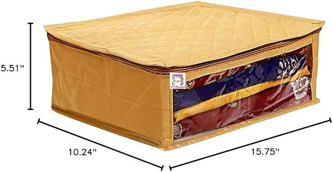 atorakushon Fabric Satin Saree and Blouse Covers Garments Clothes Storage Bag Wardrobe Organizers With Double Zip Lock & Transparent Window Set of 8 (Gold) - Image 2