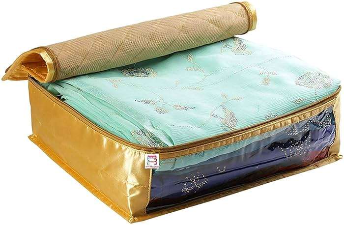 atorakushon Fabric Satin Saree and Blouse Covers Garments Clothes Storage Bag Wardrobe Organizers With Double Zip Lock & Transparent Window Set of 8 (Gold) - Image 7