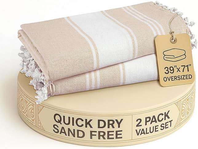 LANE LINEN Oversized Beach Towels, 2 Pack Turkish Towel Set for Adults, Lightweight, Quick Dry, Absorbent & Sand Proof, 39"x71" Pool Towels – Beige - Image 1