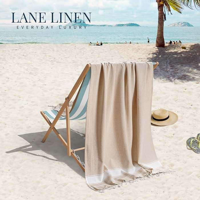 LANE LINEN Oversized Beach Towels, 2 Pack Turkish Towel Set for Adults, Lightweight, Quick Dry, Absorbent & Sand Proof, 39"x71" Pool Towels – Beige - Image 2