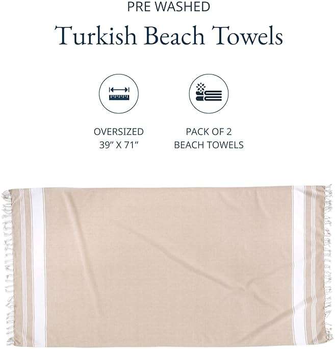 LANE LINEN Oversized Beach Towels, 2 Pack Turkish Towel Set for Adults, Lightweight, Quick Dry, Absorbent & Sand Proof, 39"x71" Pool Towels – Beige - Image 3