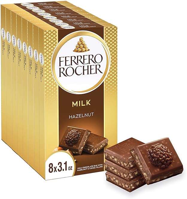 Ferrero Rocher Milk chocolate bars, Cocoa Hazelnut Filling, 8 Ct | Premium milk chocolate candy bars with a chocolate hazelnut filling, a sweet treat to satisfy sweet cravings - Image 1