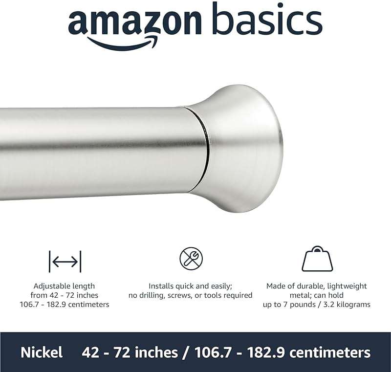 Amazon Basics Easy Install Shower Curtain Tension Rod, Adjustable Length, 42-73 inches, Nickel - Image 3