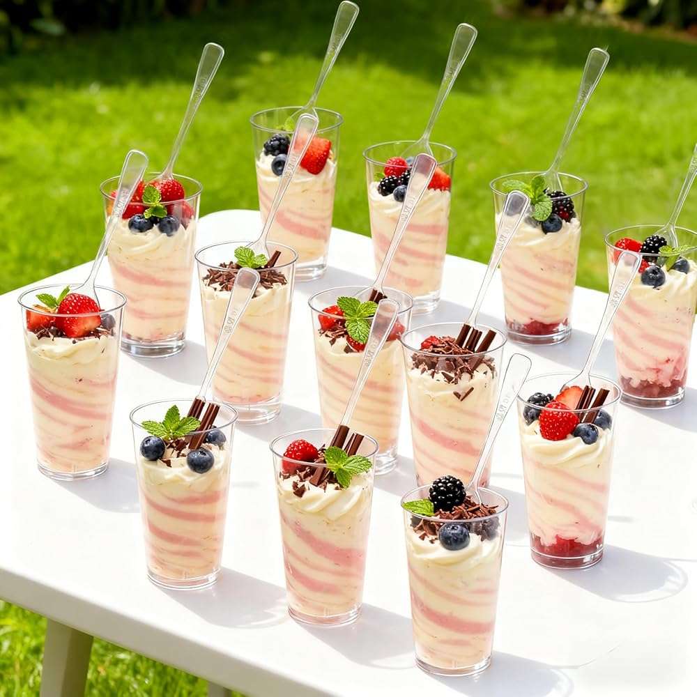 Peohud 100 Pack 3oz Plastic Dessert Cups with Spoons, Mini Dessert Shooter Cups, Disposable Parfait Appetizer Cups Shot Glasses for Desserts, Pudding, Event and Party - Image 2