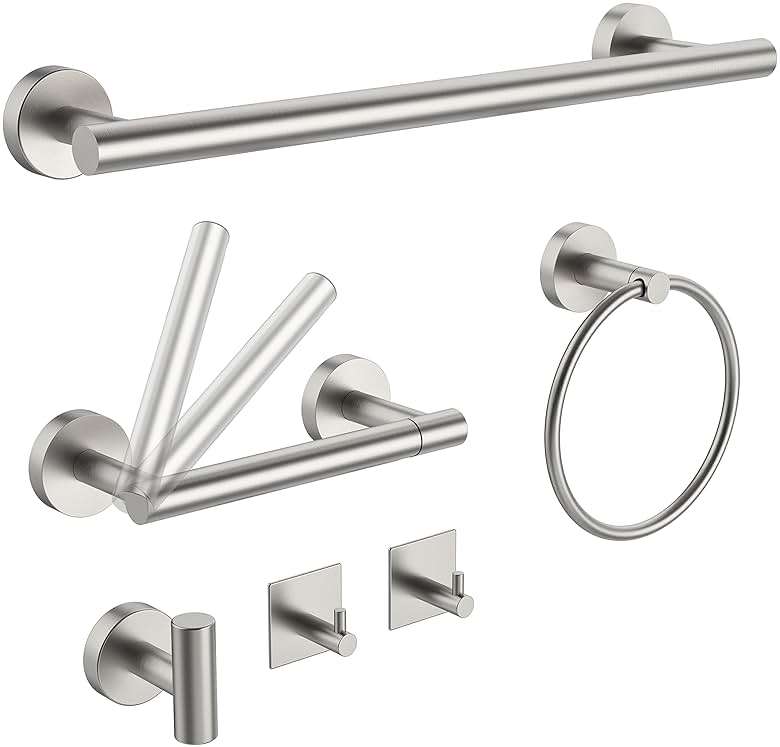 RARXTR 6 PCS Bathroom Hardware Set, Including 16" Hand Towel Bar, Toilet Paper Holder, Towel Ring, Robe Towel Hooks, Bathroom Accessories Kit (Brushed Stainless Steel) - Image 1