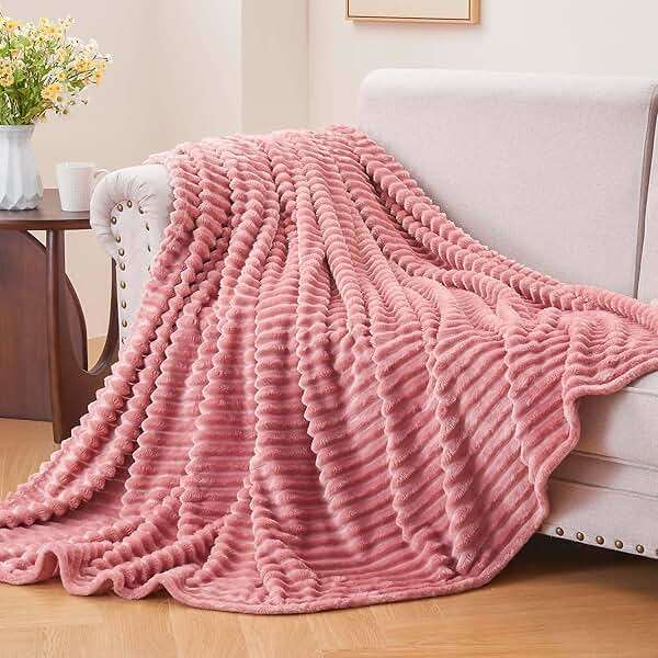 BEDELITE Fleece Throw Blanket for Couch – 3D Ribbed Jacquard Soft and Warm Decorative Fuzzy Blanket – Cozy, Fluffy, Plush Lightweight Pink Throw Blankets for Bed, Sofa, 50x60 inches - Image 2