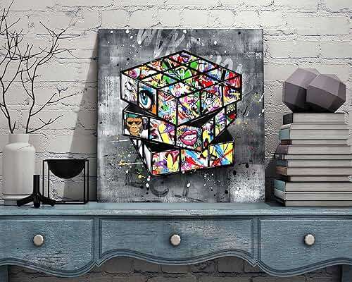 SIXTTART Banksy Canvas Wall-Art for Bedroom - Street Graffiti Wall Art Abstract Painting Pop Art Wall Decor Modern Home Office Decor 14" W x14 H Stretched and Framed Ready to Hang - Image 5