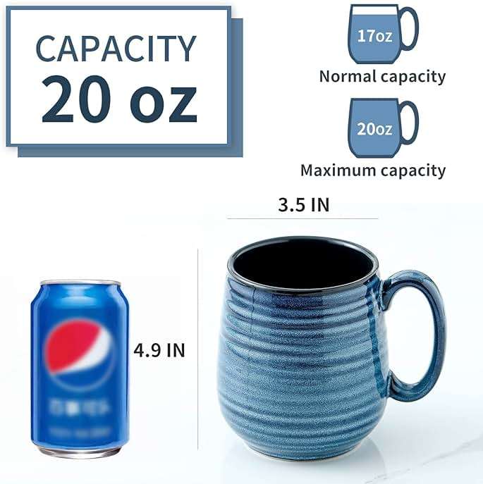 HASENSE Coffee Mug, 20 oz Ceramic Coffee Cup for Men and Women, Large Coffee Mug for Latte Coffee Tea Soup for Office and Home, Dishwasher and Microwave Safe, 1 PCS (Blue) - Image 3