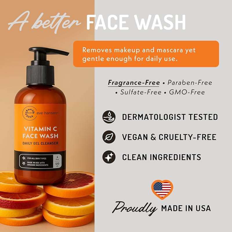 Eve Hansen Vitamin C Cleanser Face Wash | Anti Aging Facial Cleanser for Fine Lines, Age Spots, Dark Circles | Cruelty Free Skin Care Cleansing Gel with Aloe Vera, Vitamin E (4 oz) - Image 5