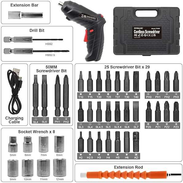 MYMULIKE Cordless Electric Screwdriver, 3.6V Rechargeable Power Screwdriver with 47pcs Accessories, usb Charging, 3Nm Screw Gun, Mini Screwdriver set with LED Light Electric Power Drill Set - Image 4