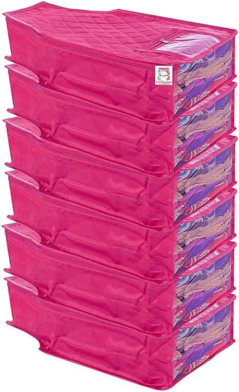 atorakushon 6 Piece Fabric Satin Blouse Cover Clothes Storage Bag Set With Transparent Window Wardrobe Garments Organizers (Pink) - Image 1