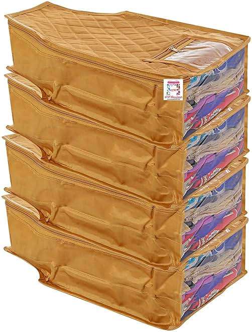 atorakushon 4 Piece Fabric Satin Blouse Cover Clothes Storage Bag Set With Transparent Window Wardrobe Garments Organizers (Golden) - Image 1
